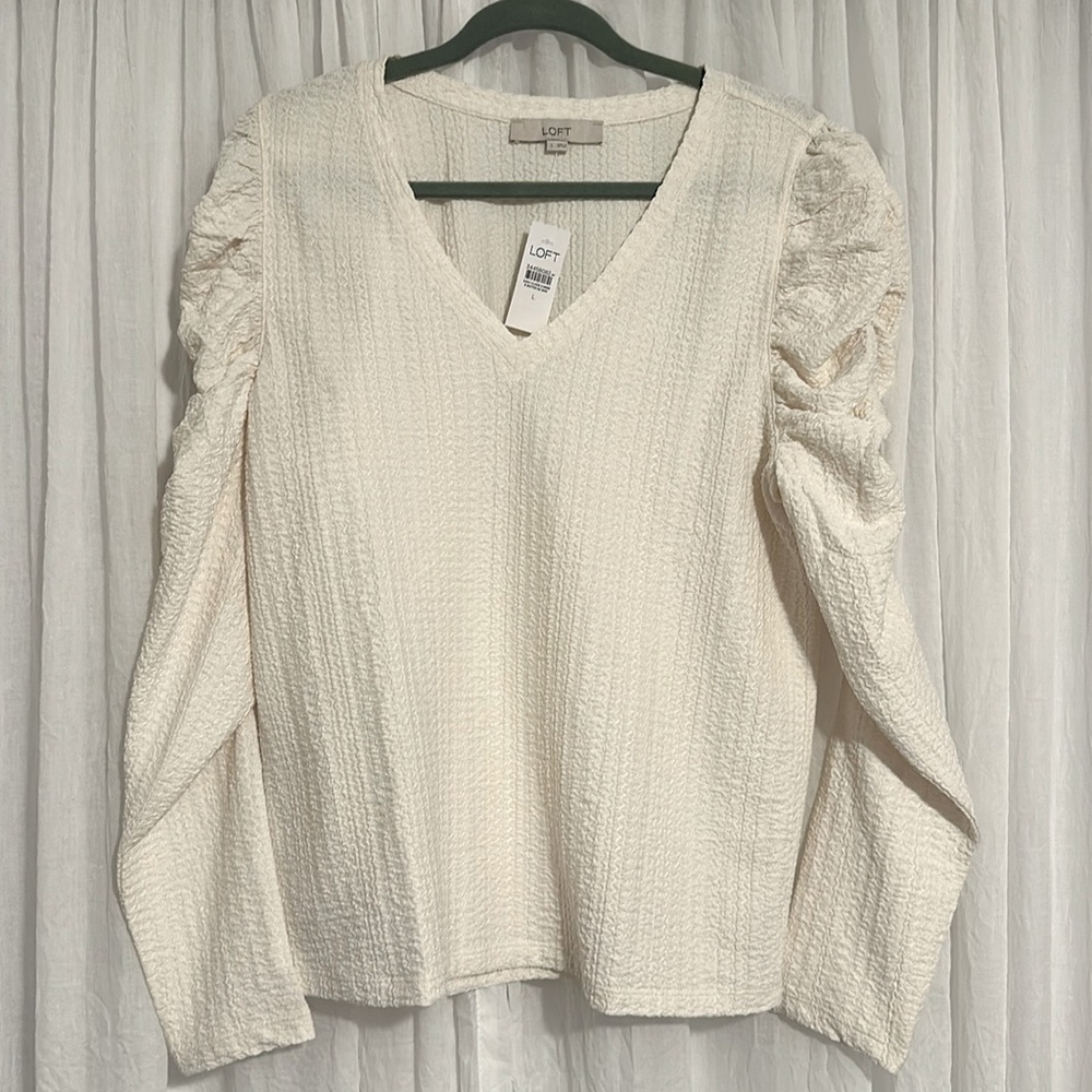 loft Ruffle Shoulder Puff Shoulder Cream Crepe Blouse